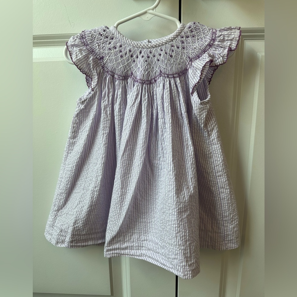 Classic Whimsy Seersucker Smocked Purple and White Embroidered Dress (Sz 9Mo)